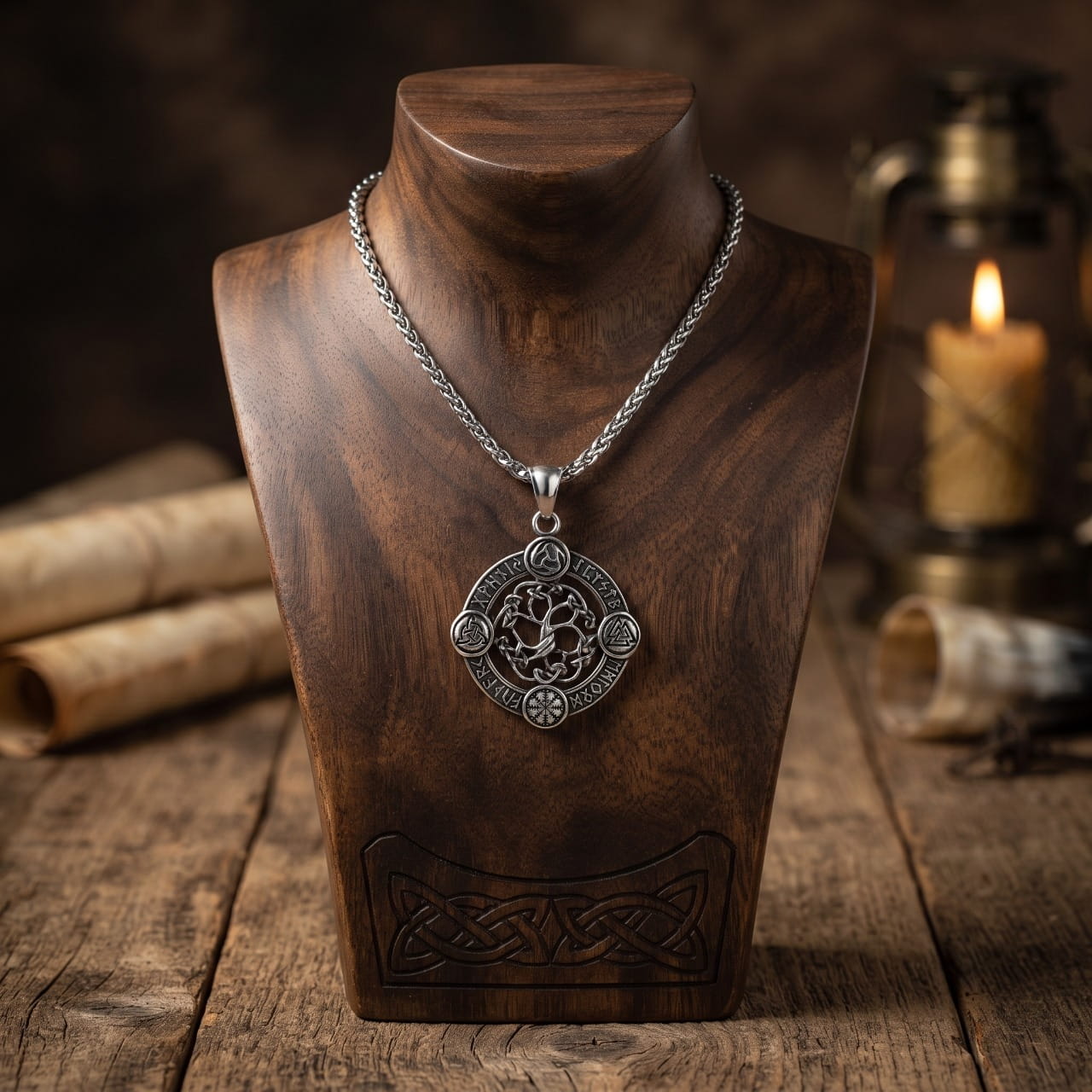 Pendentif médaillon Yggdrasil en acier ciselé, sur chaîne, présenté sur un buste de bois sculpté