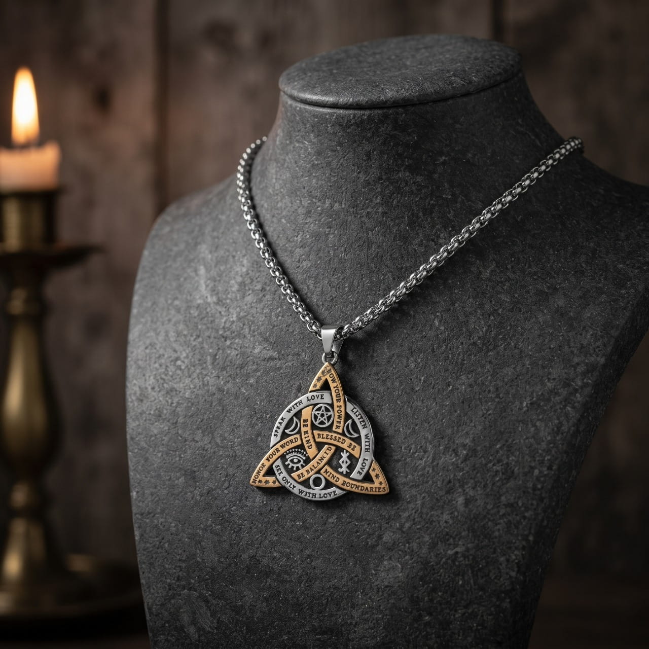 Pendentif triquetra bicolore or et acier, sur chaîne, présenté sur un buste d'ardoise à la bougie