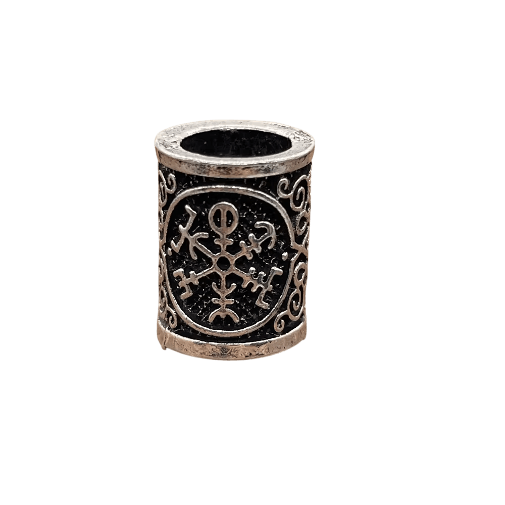 Perle viking cylindrique en alliage argent vieilli, Ægishjálmur à huit bras, perçage traversant visible, sur fond blanc