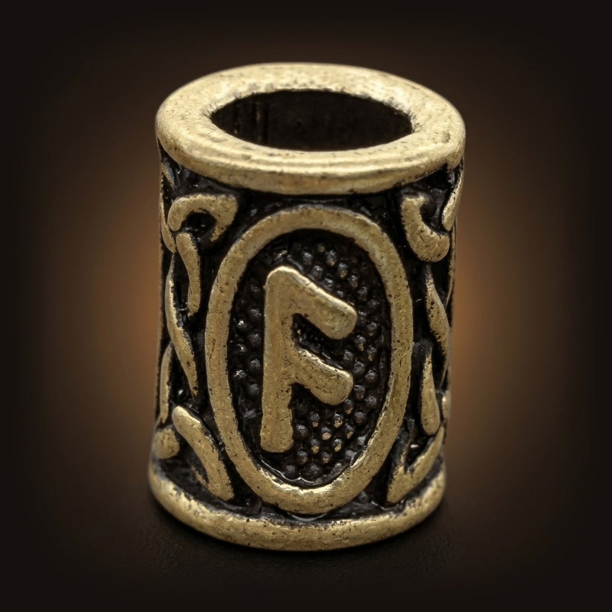 Perle viking cylindrique en alliage bronze patiné, rune Ansuz, perçage traversant visible