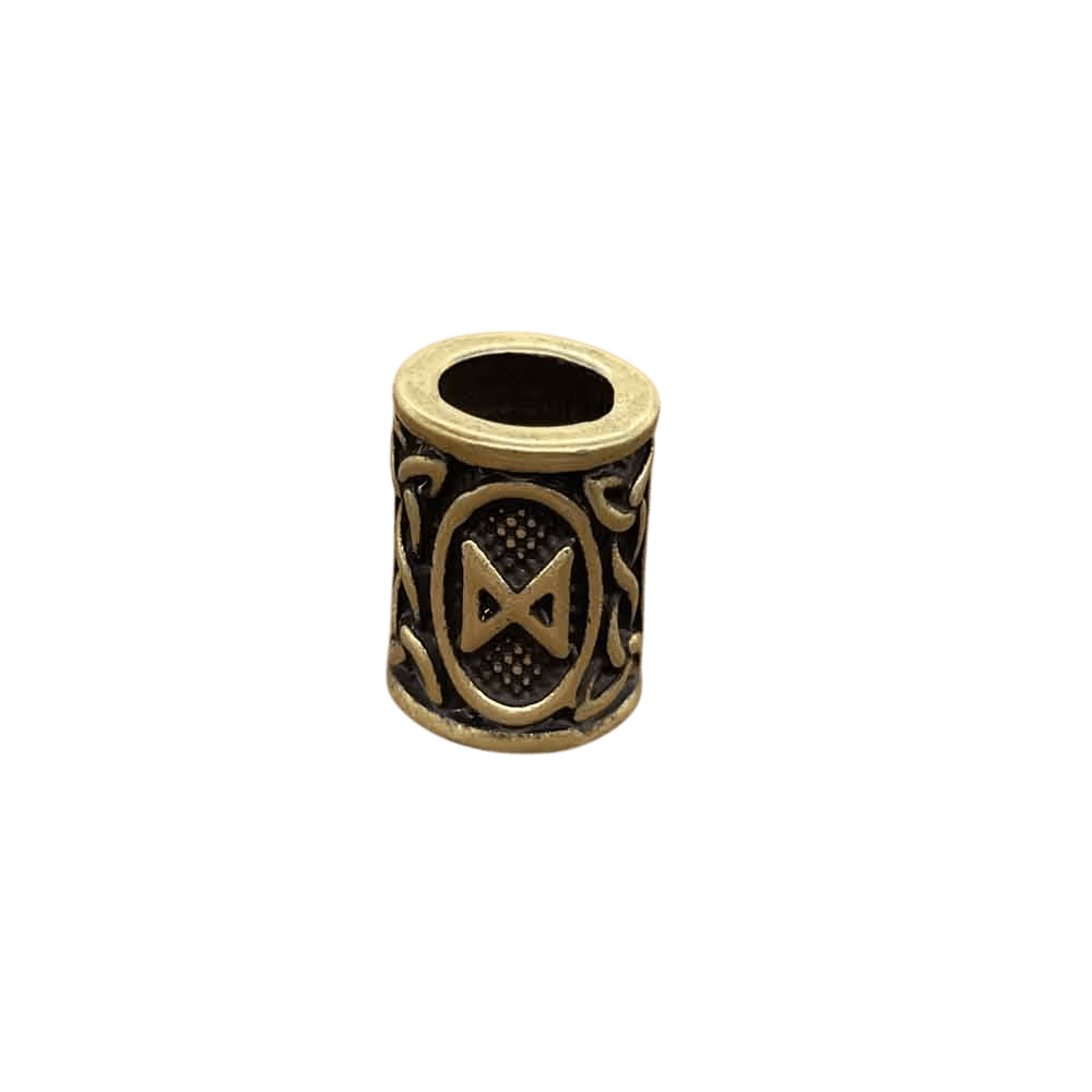 Perle viking cylindrique en alliage bronze patiné, rune Dagaz, perçage traversant visible, sur fond blanc