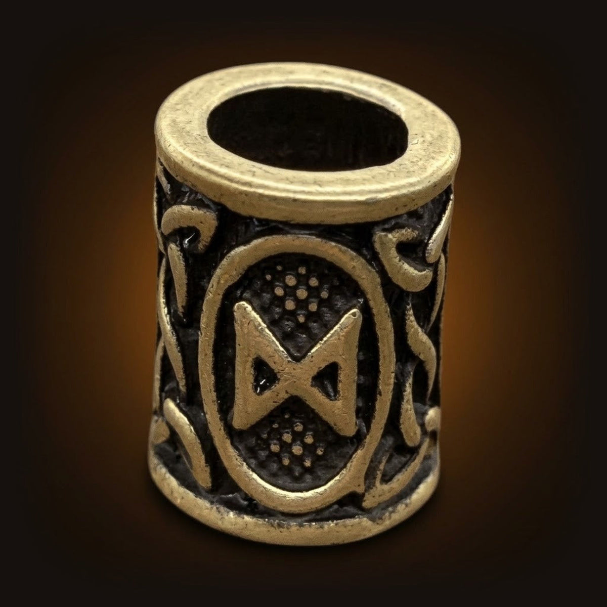 Perle viking cylindrique en alliage bronze patiné, rune Dagaz, perçage traversant visible