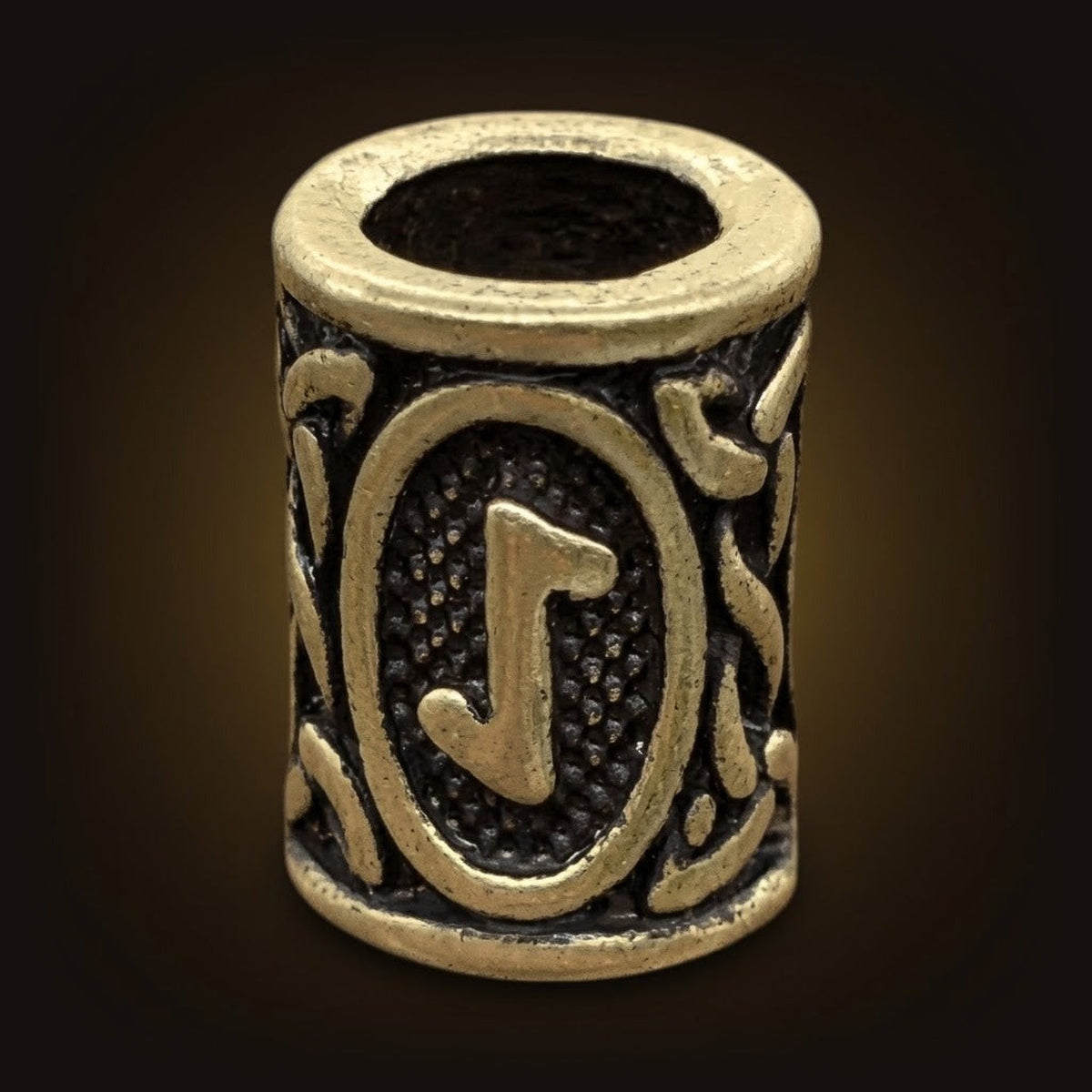 Perle viking cylindrique en alliage bronze patiné, rune Eihwaz, perçage traversant visible