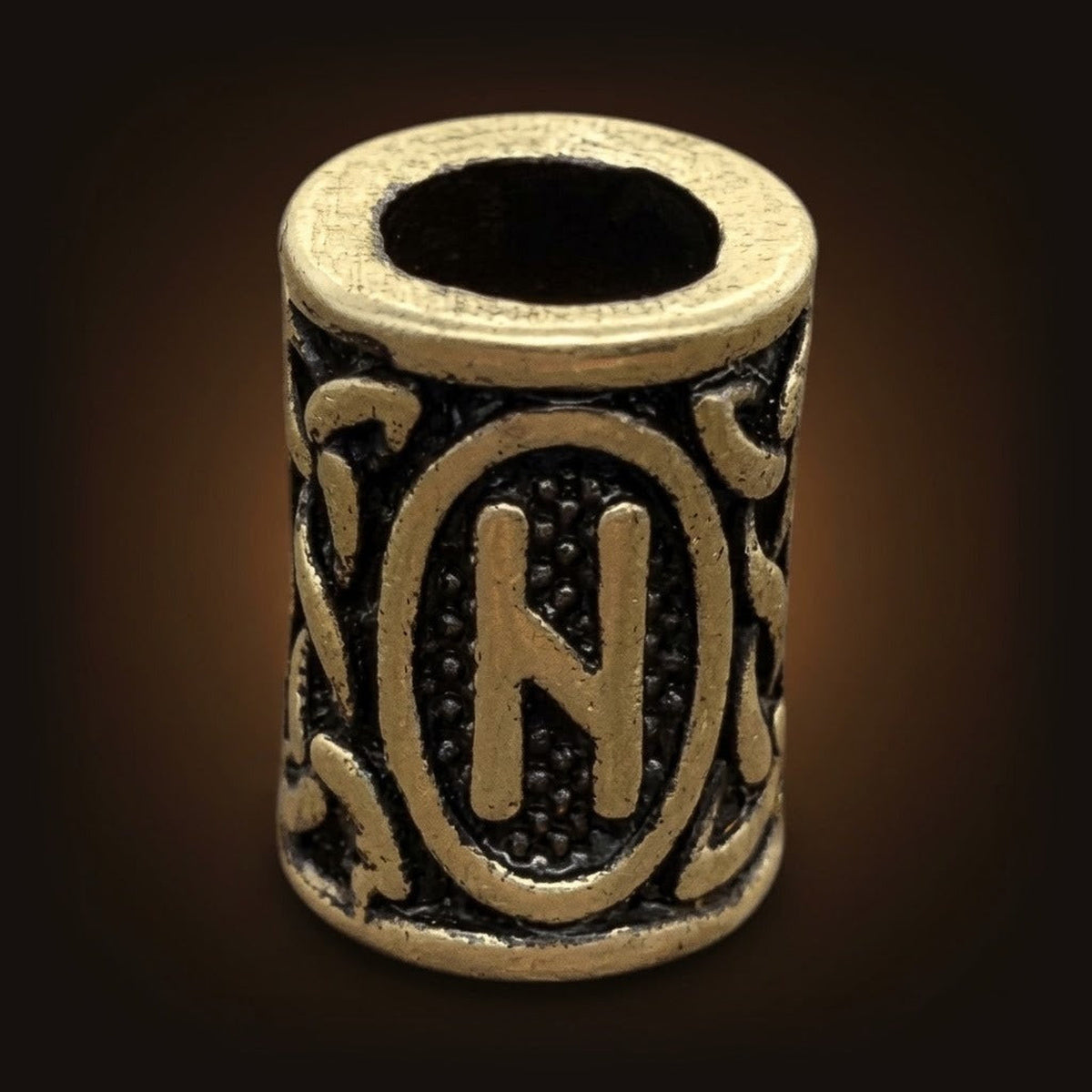 Perle viking cylindrique en alliage bronze patiné, rune Hagalaz, perçage traversant visible