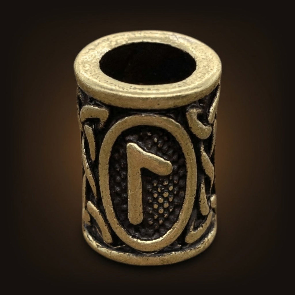 Perle viking cylindrique en alliage bronze patiné, rune Laguz, perçage traversant visible