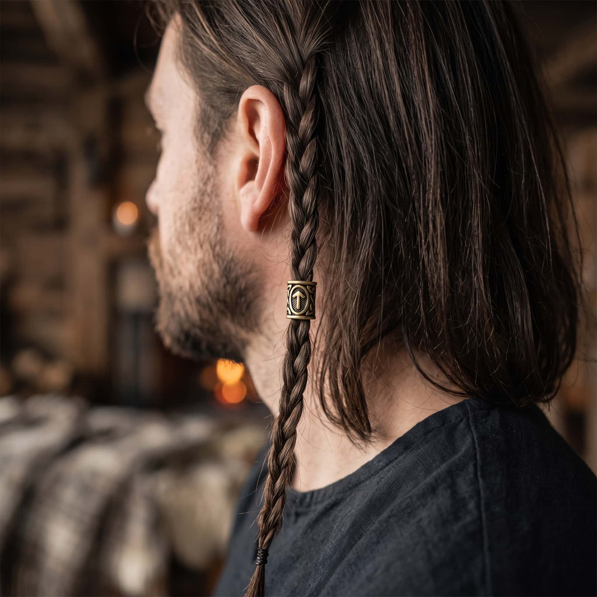 Perle viking en alliage bronze patiné, gravée de la rune Tiwaz dans un cartouche ovale, portée sur une fine tresse de cheveux
