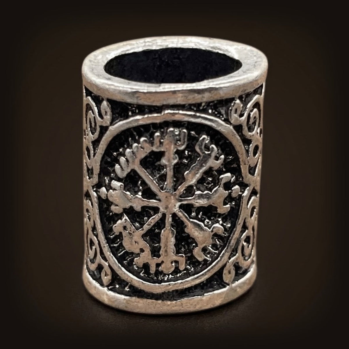 Perle viking cylindrique en alliage argent vieilli, Vegvísir à huit branches, perçage traversant visible