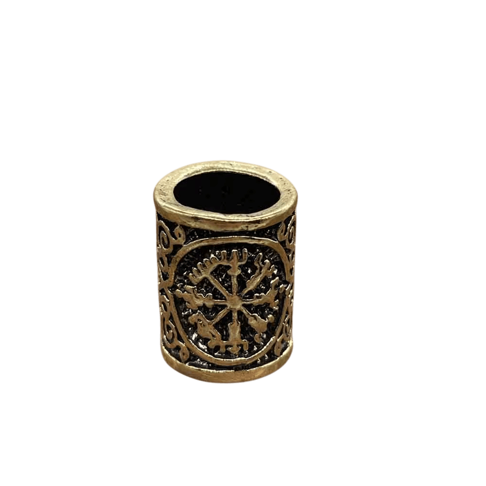 Perle viking cylindrique en alliage bronze patiné, Vegvísir à huit branches, perçage traversant visible, sur fond blanc