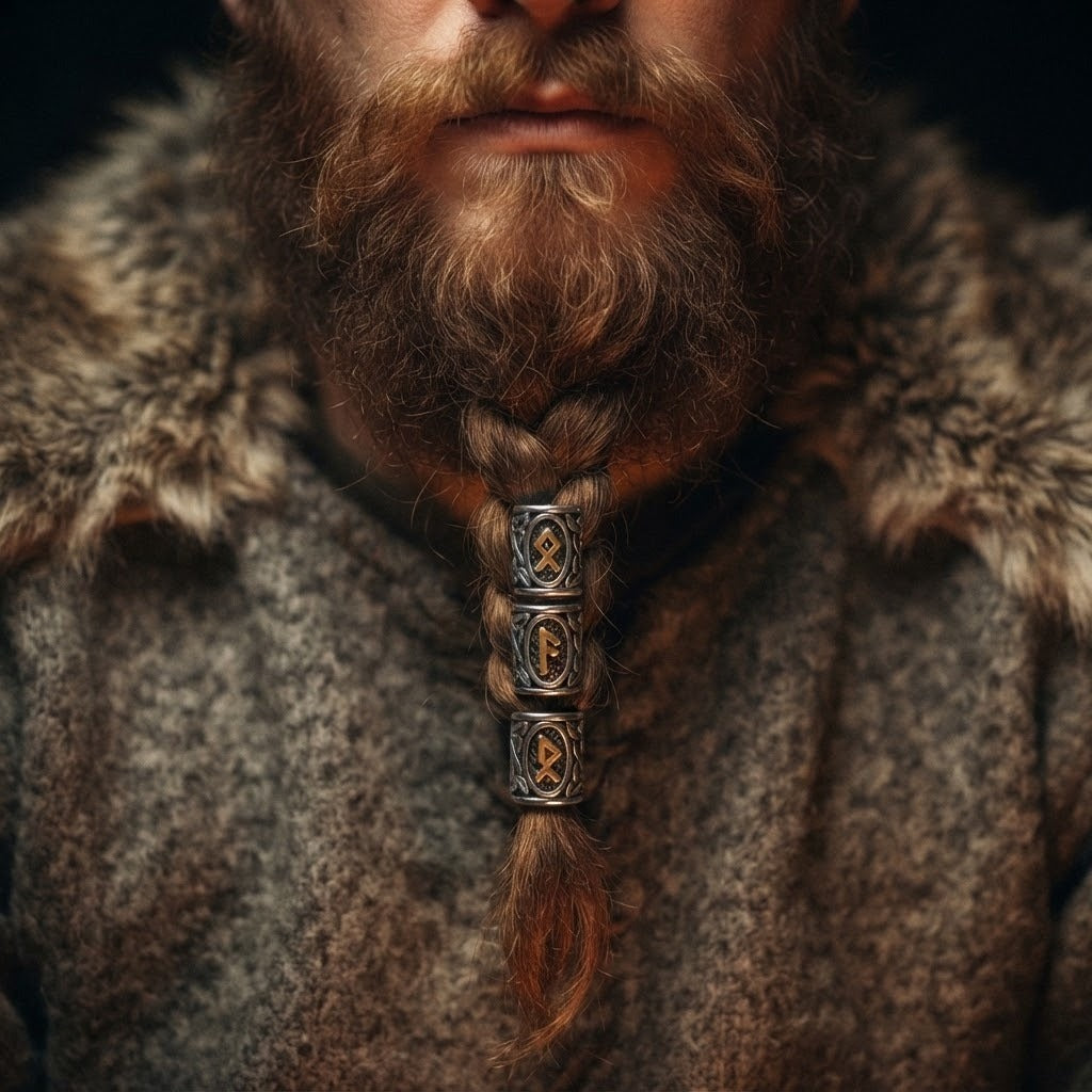 Perles de barbe viking en acier argenté gravées de runes dorées du Futhark, trois perles enfilées sur une tresse de barbe rousse