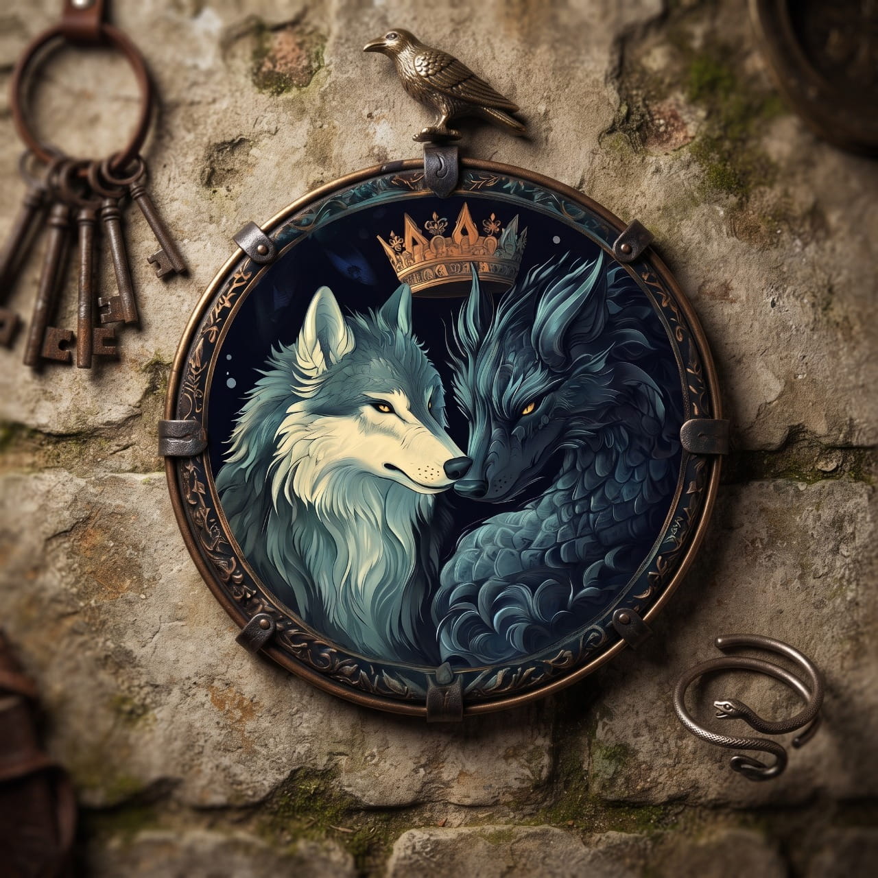 Plaque Murale Loup Blanc & Dragon Couronnés — Aluminium 2D 20 cm