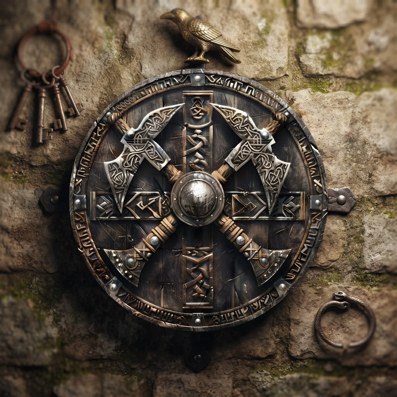 Plaque Murale Viking Bouclier aux Quatre Haches — Aluminium 2D 20 cm