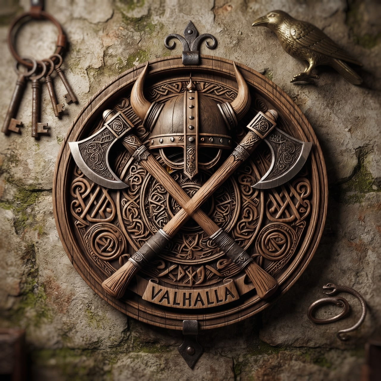 Plaque Murale Viking Casque & Haches « Valhalla » — Aluminium 2D 20 cm