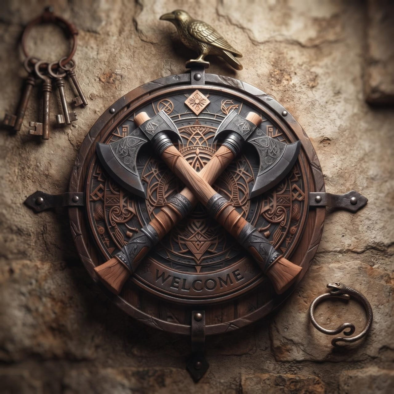 Plaque Murale Viking Haches Croisées « Welcome » — Aluminium 2D 20 cm
