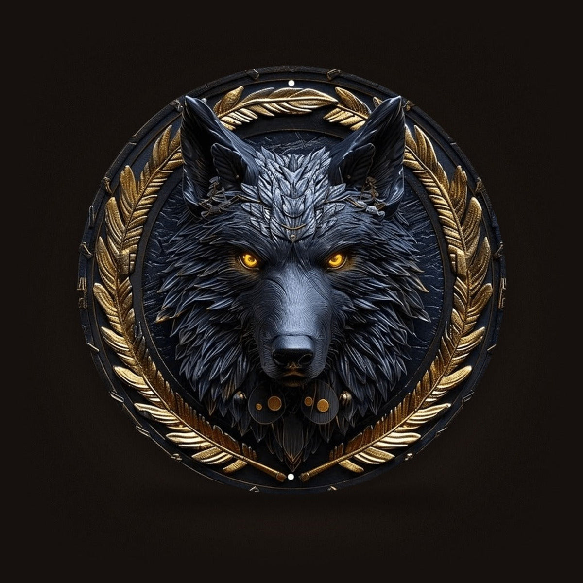 Plaque Murale Viking Loup Noir & Laurier Doré — Aluminium 2D 20 cm