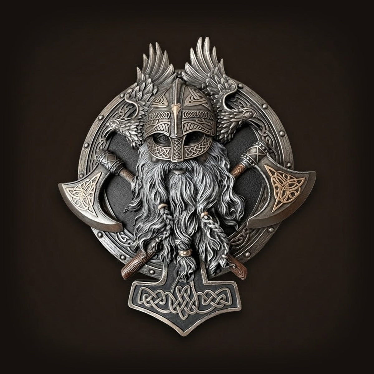 Décoration murale viking en résine représentant un guerrier au casque ailé avec corbeaux, haches croisées et marteau de Thor.