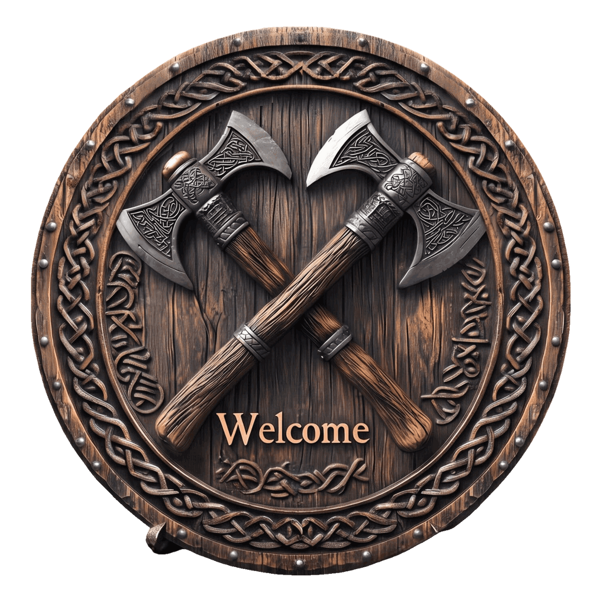 Plaque murale viking « Welcome » : haches croisées sur plateau de bois veiné, bordure d'entrelacs celtiques et rivets, vue de face sur fond transparent