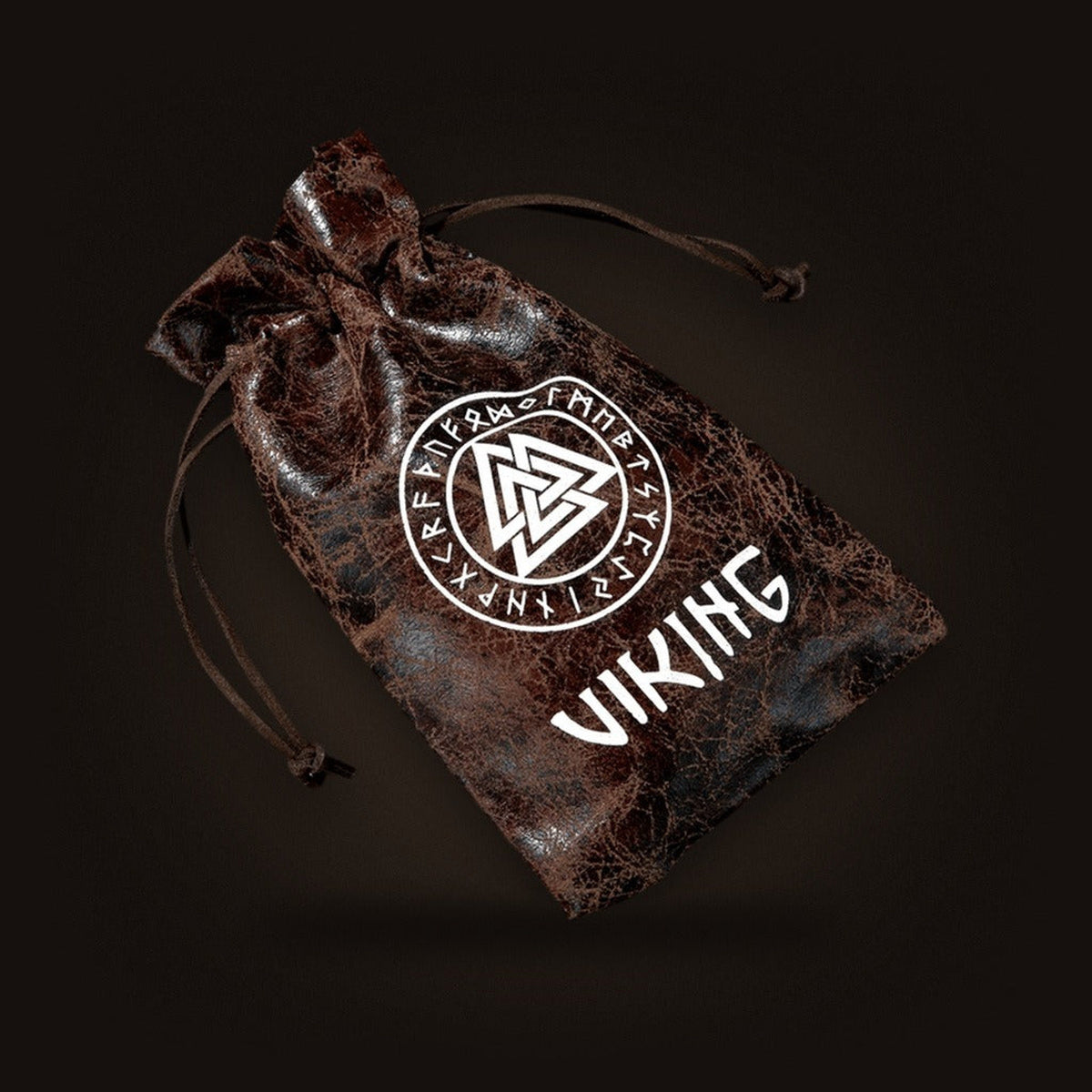 Pochette cadeau viking en simili cuir marron vieilli, Valknut cerclé de runes et inscription VIKING, cordon de serrage