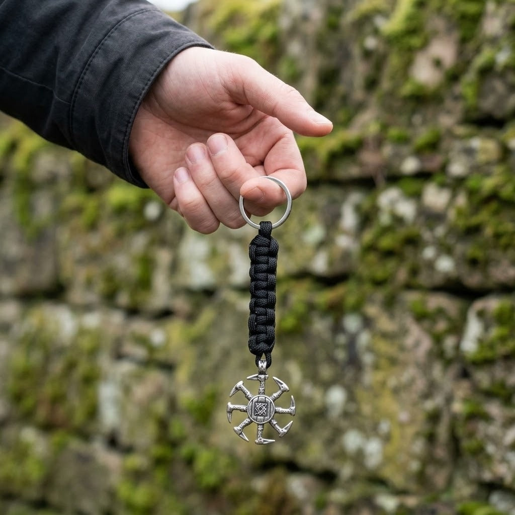 Porte-clés viking en paracorde noire et médaillon Kolovrat en acier inoxydable, tenu au bout des doigts devant un mur de pierre moussu