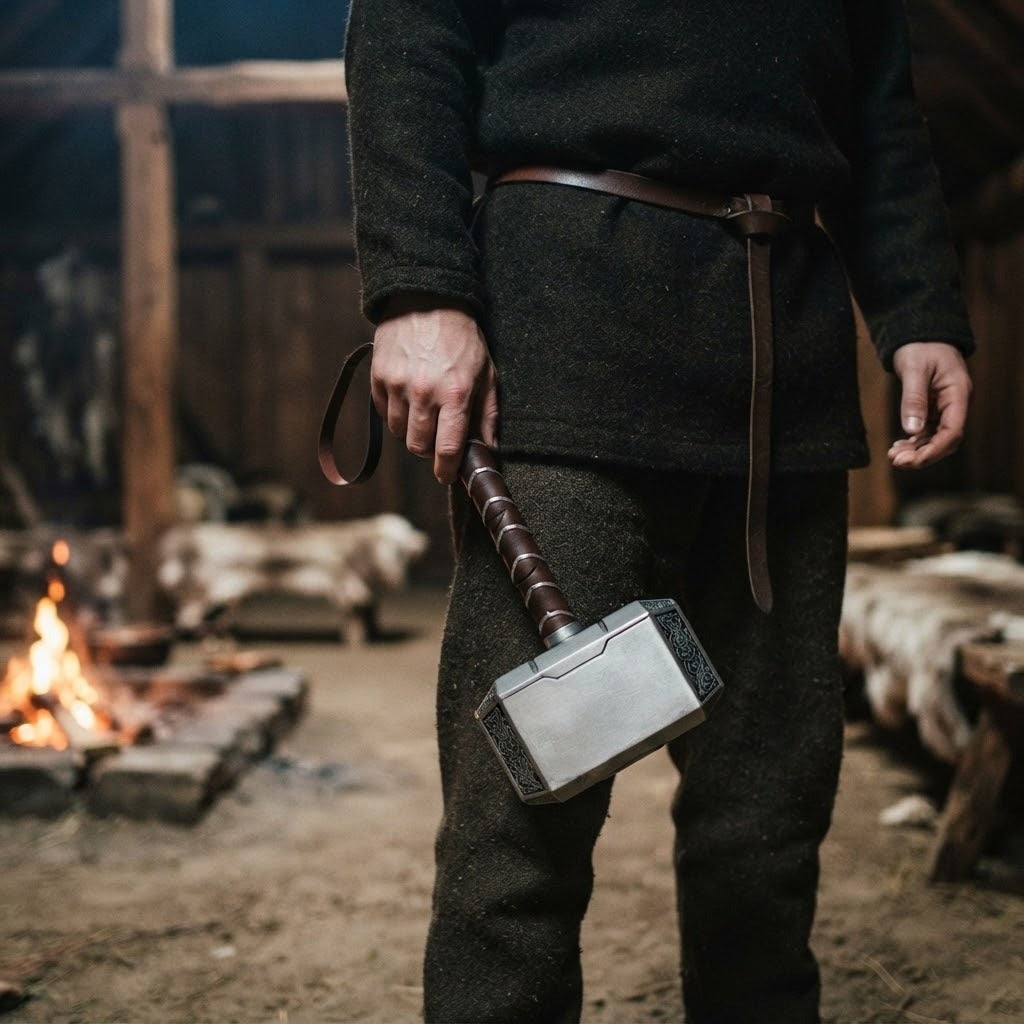 Réplique du marteau de Thor Mjölnir de 44 cm en mousse PU, tenue à la main par un homme en tunique dans une maison longue viking