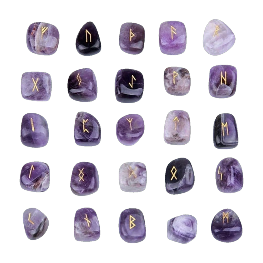 Set de 25 runes vikings en pierre d’améthyste violette : 24 runes du Futhark gravées et dorées et une pierre vierge