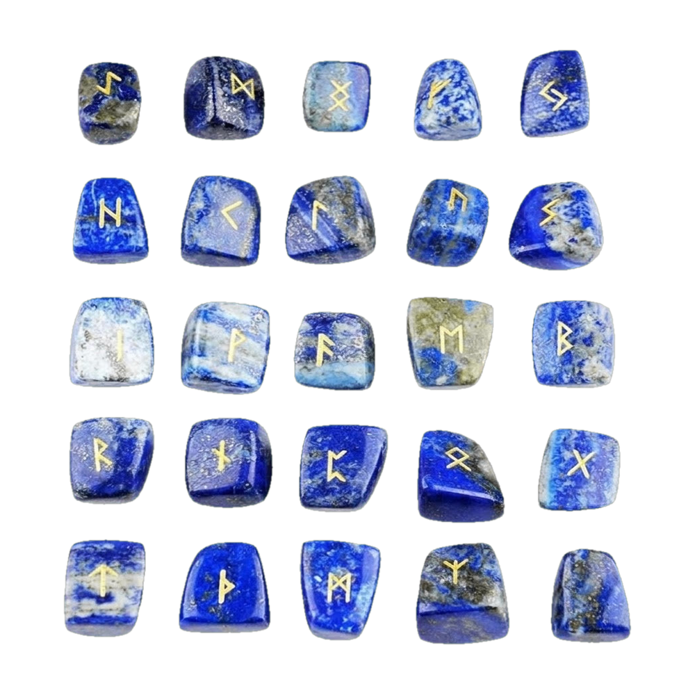 Set de 25 runes vikings en pierre de lapis-lazuli bleu : 24 runes du Futhark gravées et dorées et une pierre vierge