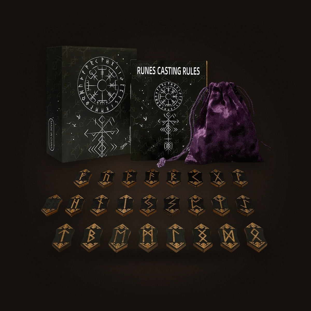Set de 25 runes viking en bois Elder Futhark avec pochette velours