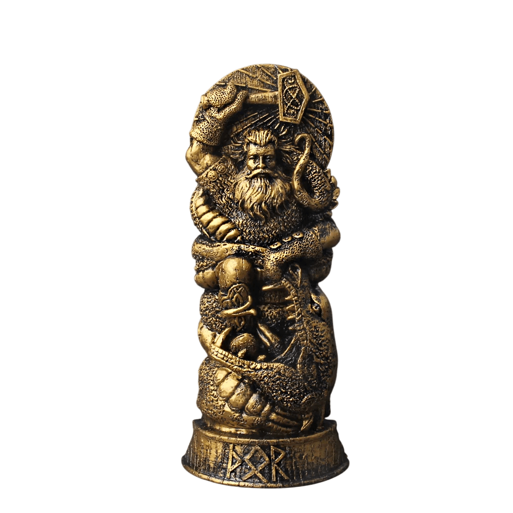 Statue de Thor en résine finition bronze luttant contre le serpent de Midgard avec son marteau, socle orné de runes.