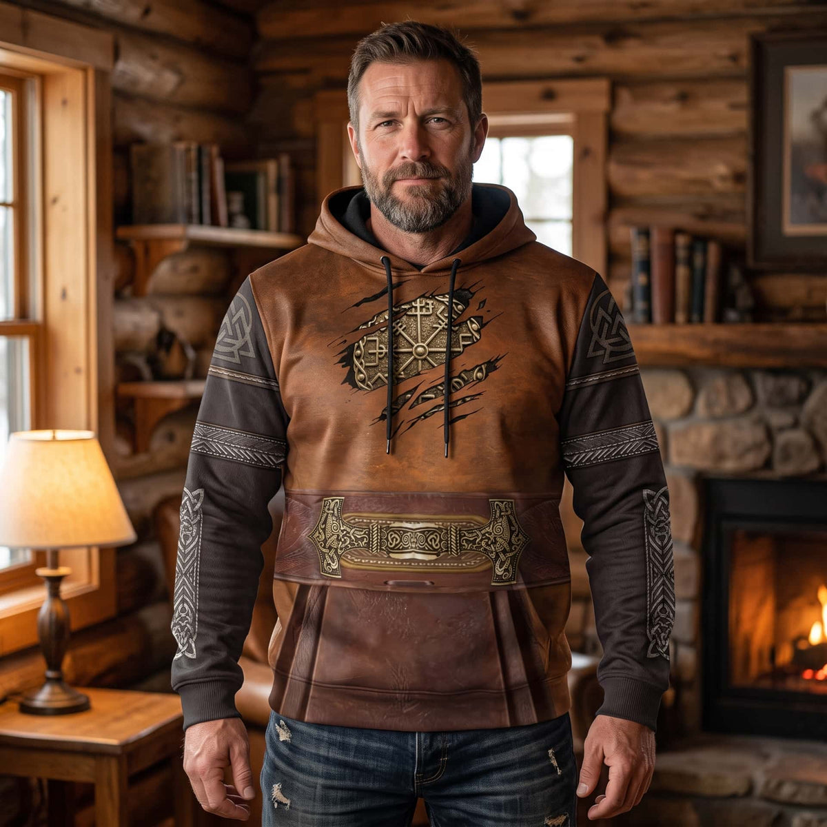 Homme portant le Sweat à Capuche Viking Trompe-l'Œil Armure de Cuir