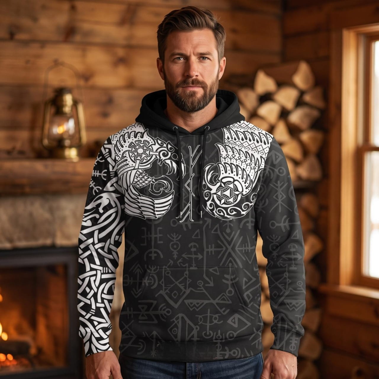 Homme portant le Sweat à Capuche Viking Corbeaux Entrelacés Noir et Blanc