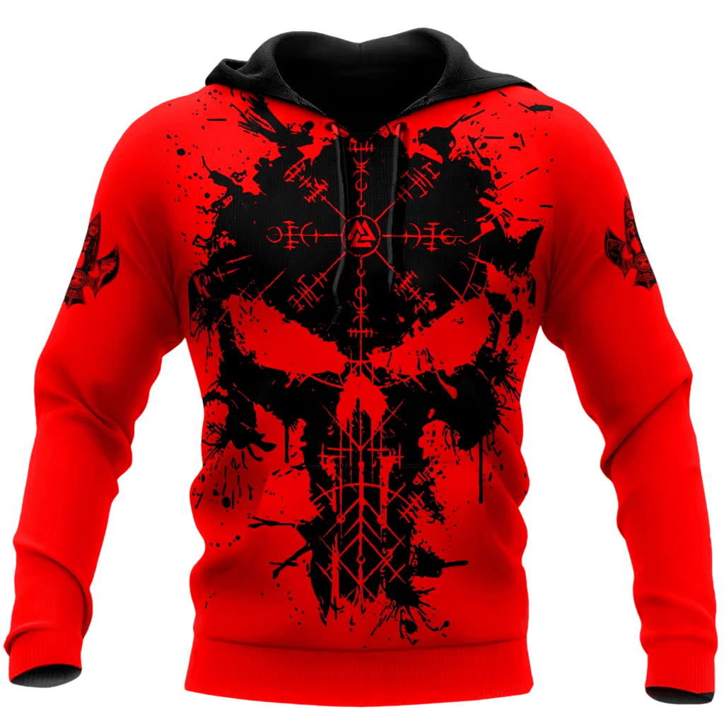 Sweat à Capuche Viking Crâne et Runes Rouge Vif, vu de face et de dos