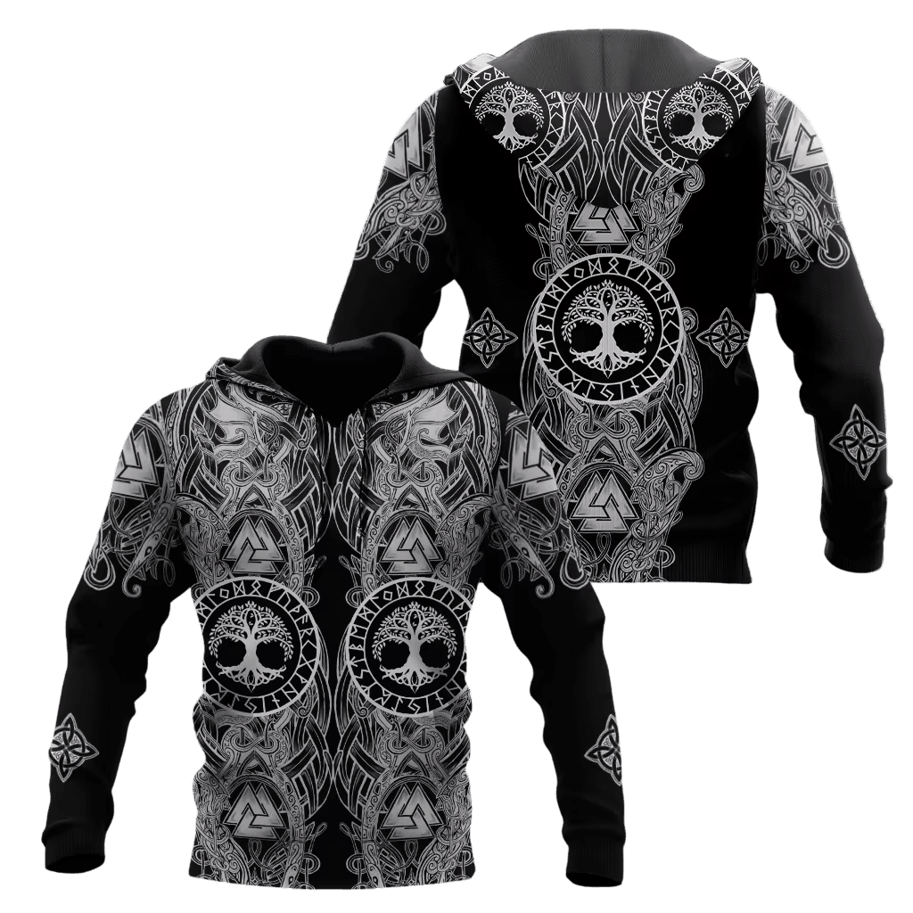 Sweat à Capuche Viking Crânes et Yggdrasil Noir et Blanc, vu de face et de dos