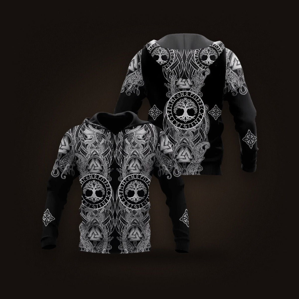 Sweat à Capuche Viking Crânes et Yggdrasil Noir et Blanc, vu de face et de dos