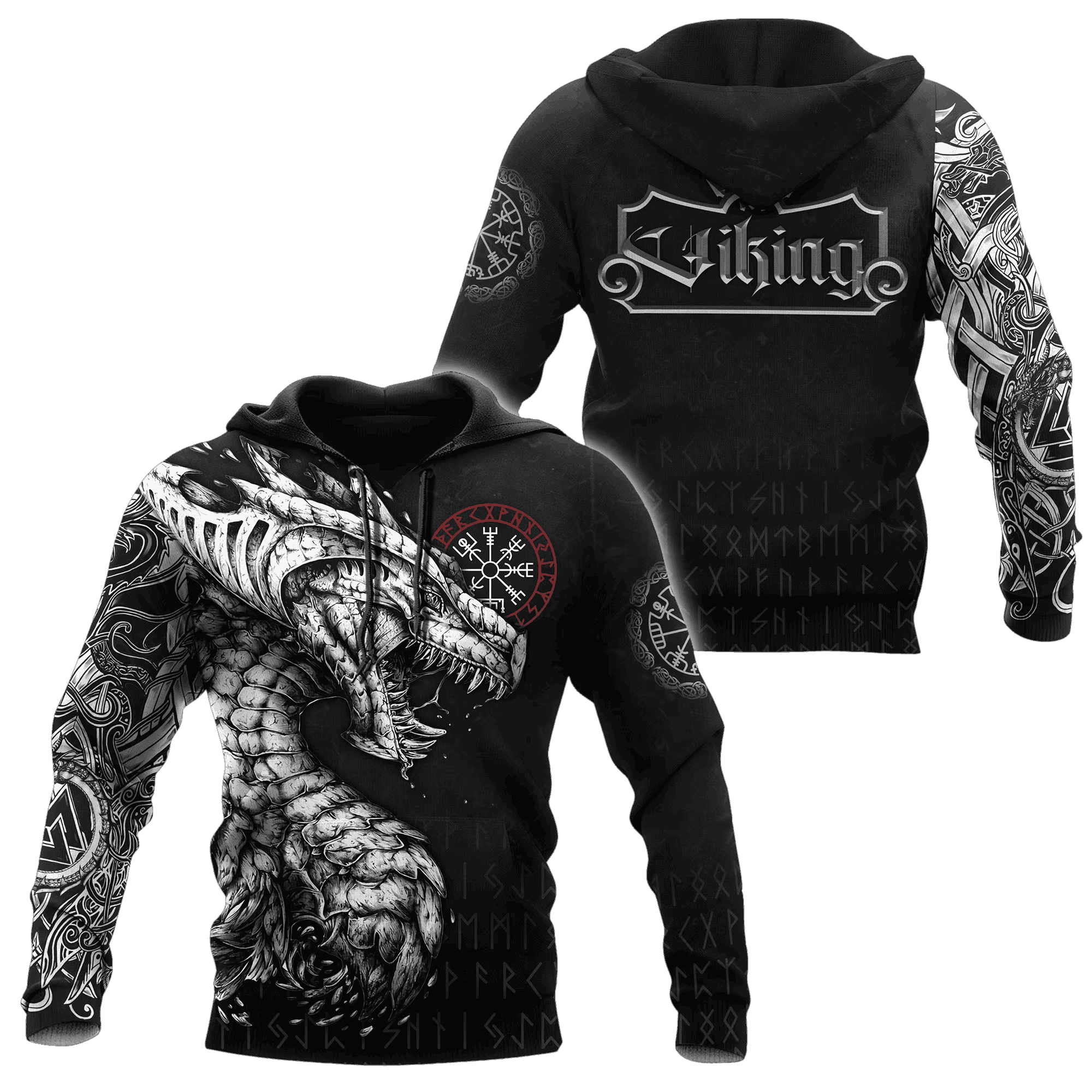Sweat à Capuche Viking Dragon Nordique Noir et Blanc, vu de face et de dos