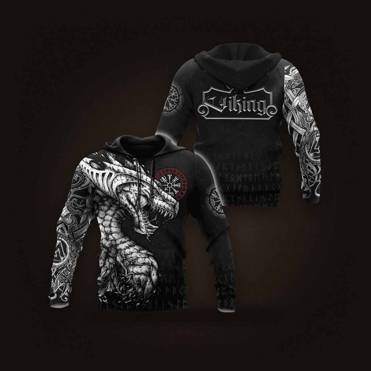 Sweat à Capuche Viking Dragon Nordique Noir et Blanc, vu de face et de dos