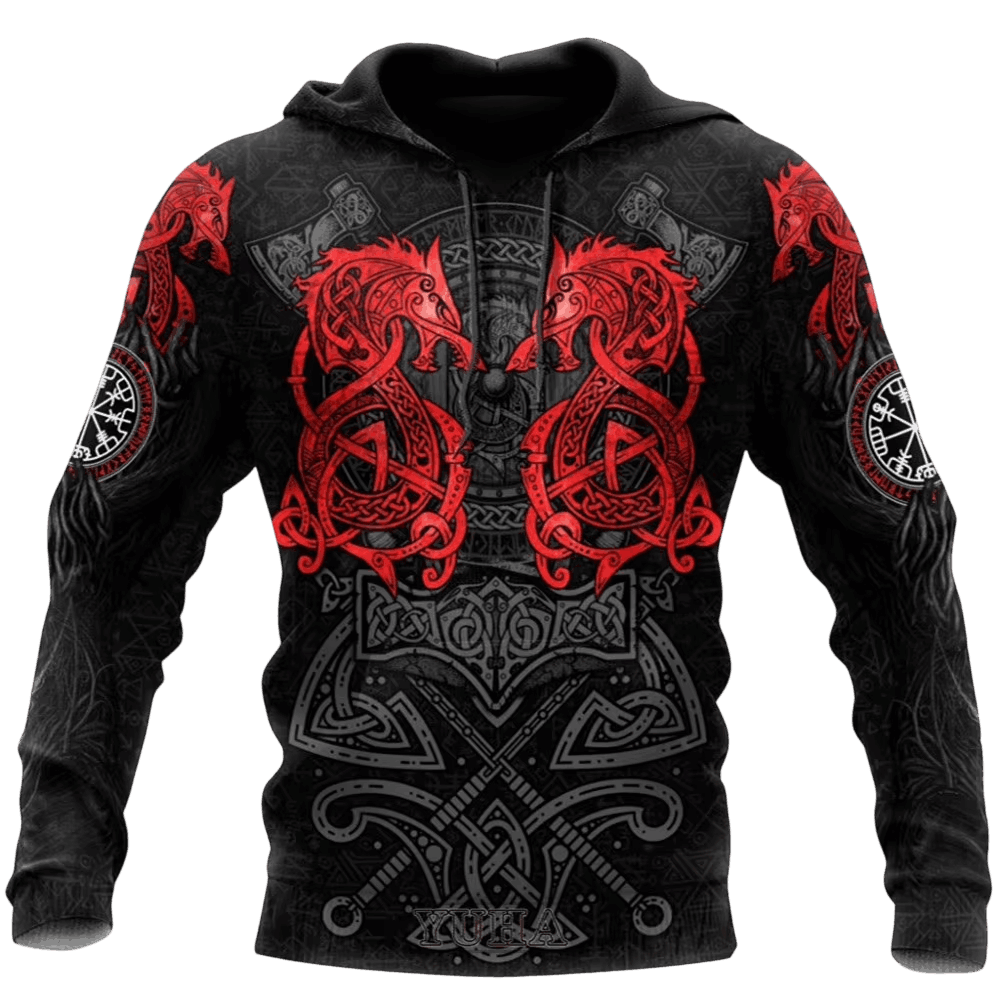 Sweat à Capuche Viking Dragons Affrontés Rouge et Noir, vu de face et de dos