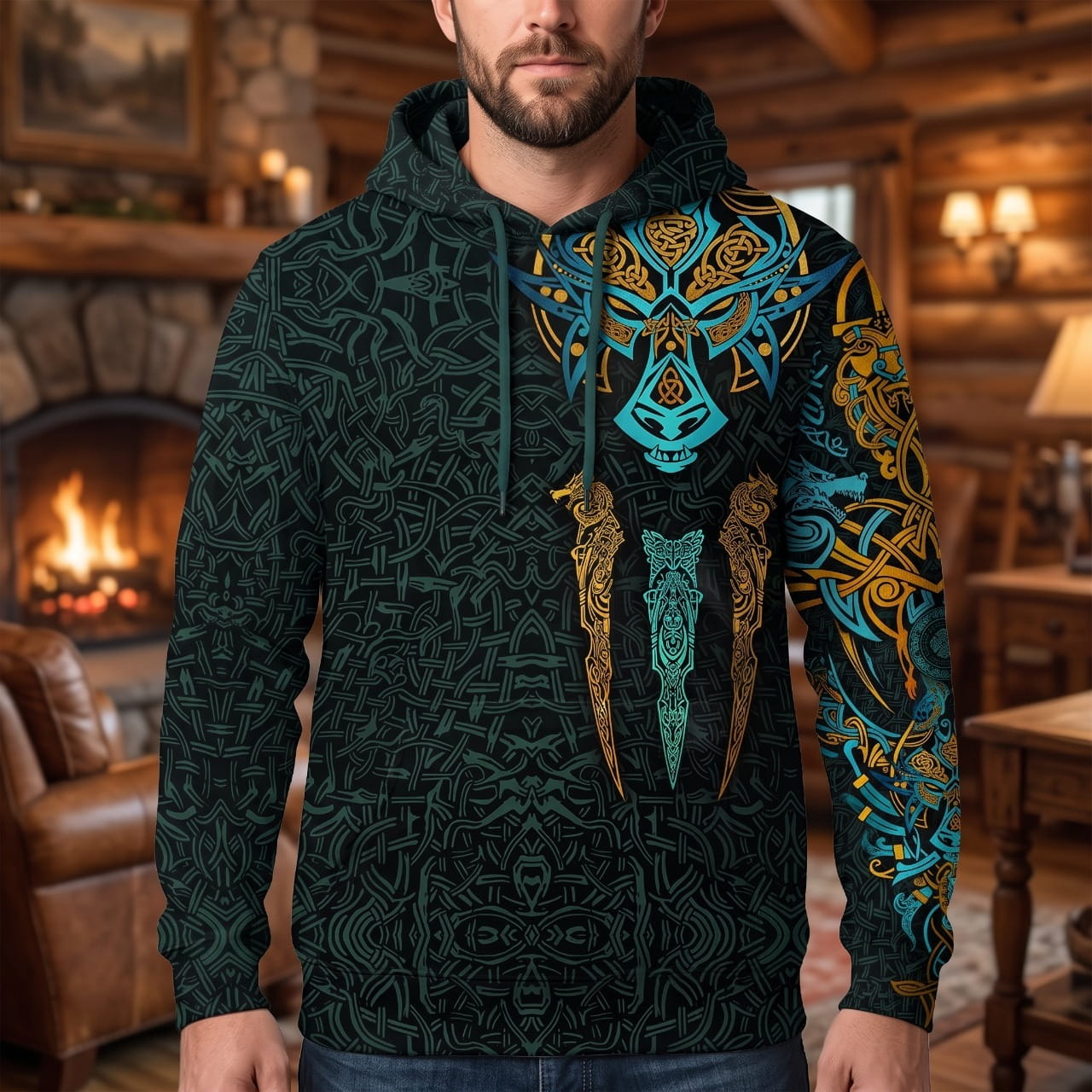 Homme portant le Sweat à Capuche Viking Entrelacs Or et Turquoise