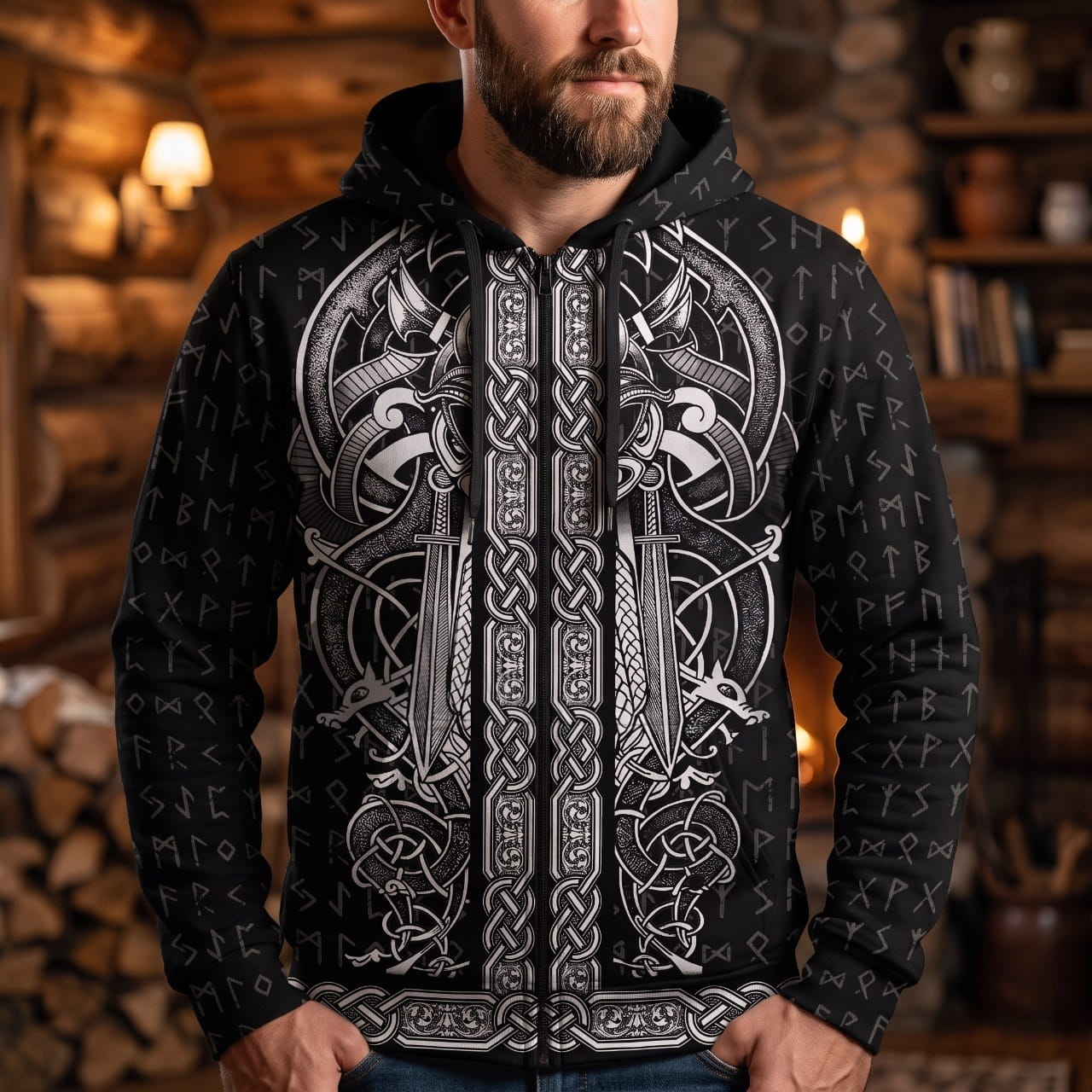 Homme portant le Sweat à Capuche Viking Entrelacs Symétriques Noir et Blanc