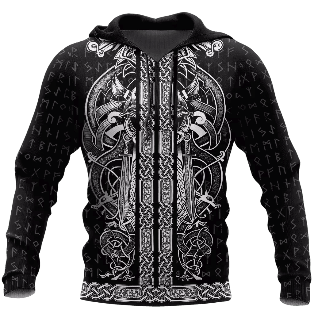 Sweat à Capuche Viking Entrelacs Symétriques Noir et Blanc, vu de face et de dos