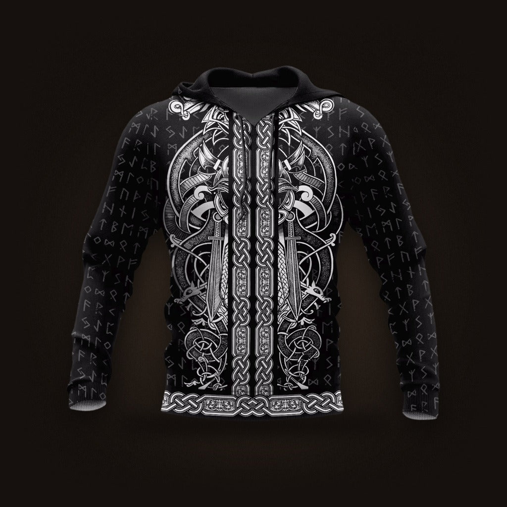 Sweat à Capuche Viking Entrelacs Symétriques Noir et Blanc, vu de face