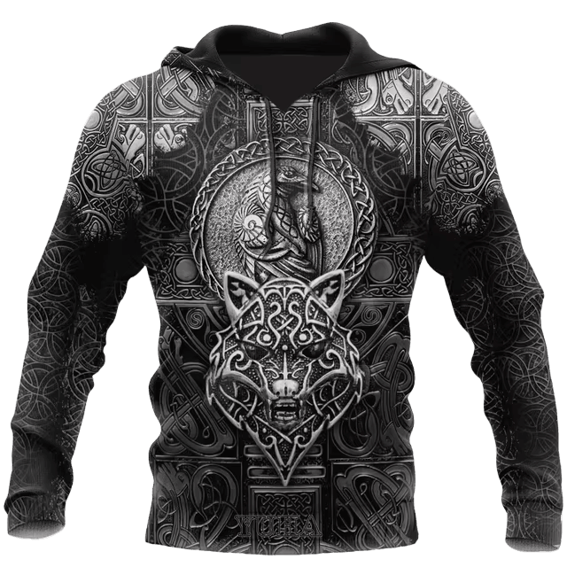 Sweat à Capuche Viking Loup Fenrir Médaillon Gris, vu de face et de dos