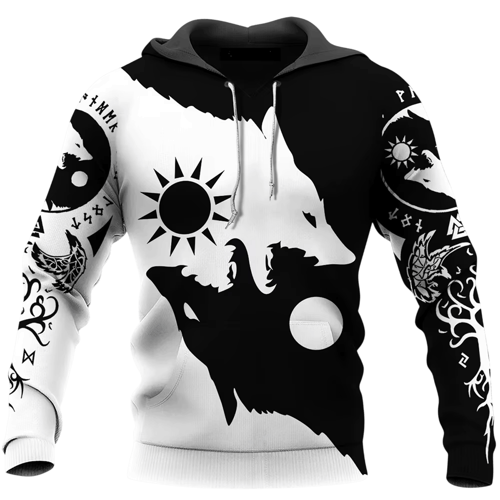 Sweat à Capuche Viking Loups Sköll et Hati Noir et Blanc, vu de face et de dos