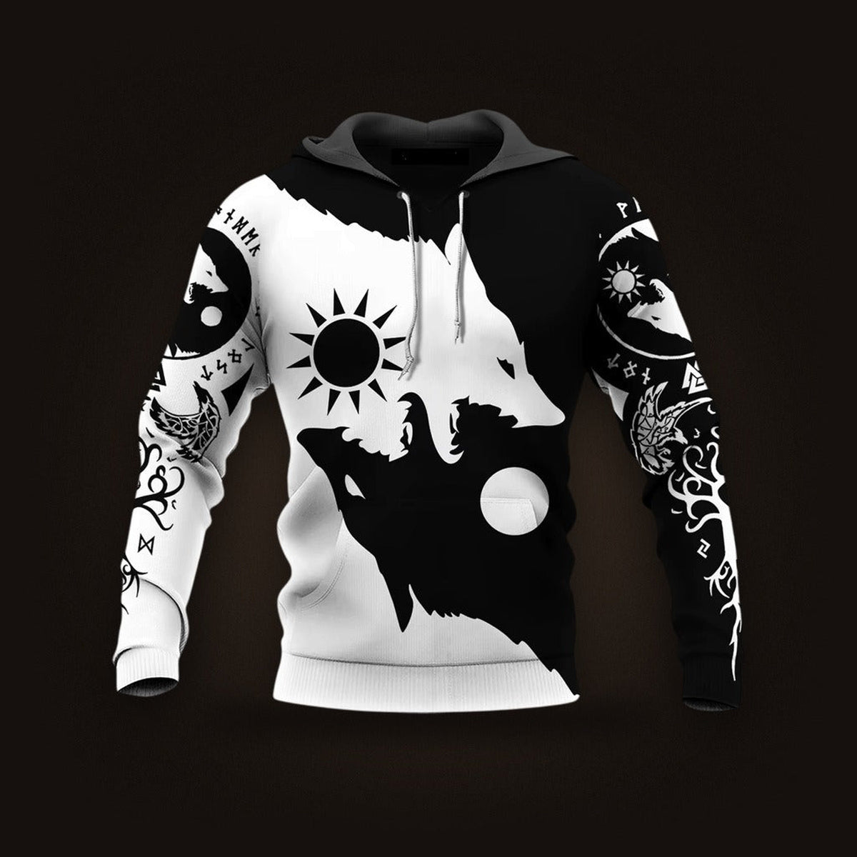 Sweat à Capuche Viking Loups Sköll et Hati Noir et Blanc, vu de face