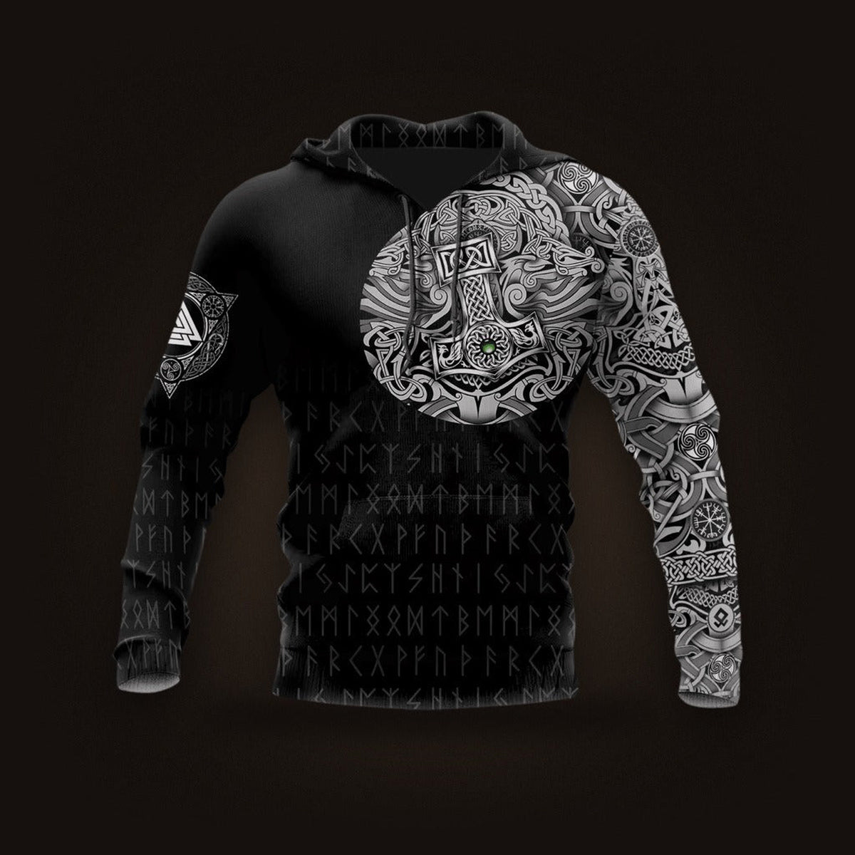 Sweat à Capuche Viking Médaillon Runique Noir et Gris, vu de face