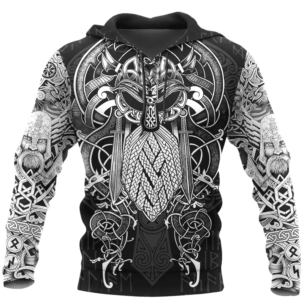 Sweat à Capuche Viking Odin et Ses Corbeaux Noir et Blanc, vu de face et de dos