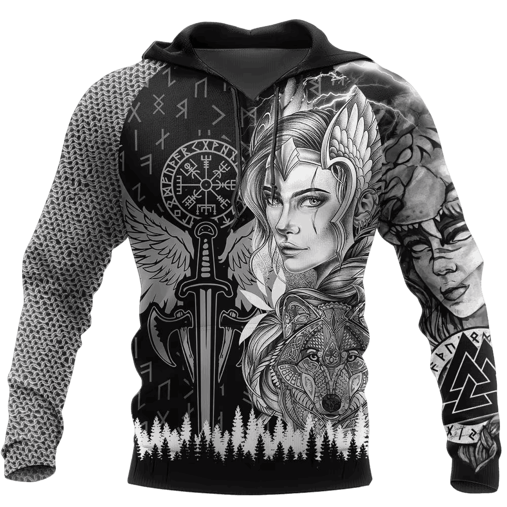 Sweat à Capuche Viking Valkyrie à l'Épée Noir et Blanc, vu de face et de dos