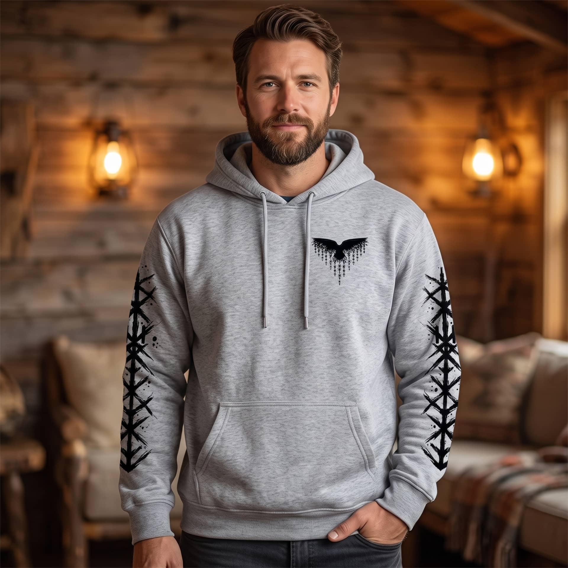 Homme portant le Sweat à Capuche Viking Vegvísir et Runes, coloris gris motif noir
