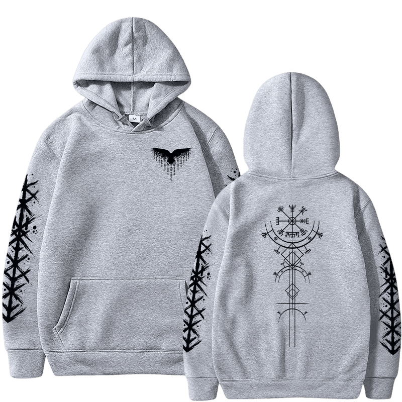 Sweat à Capuche Viking Vegvísir et Runes, coloris gris motif noir, vu de face et de dos