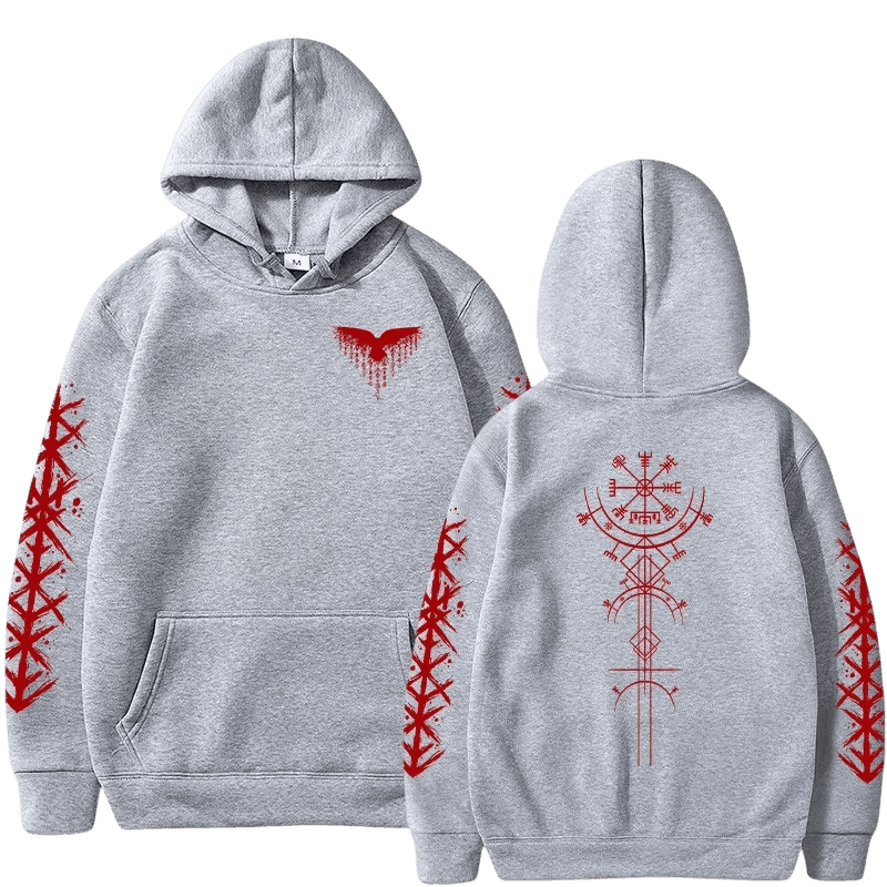 Sweat à Capuche Viking Vegvísir et Runes, coloris gris motif rouge, vu de face et de dos