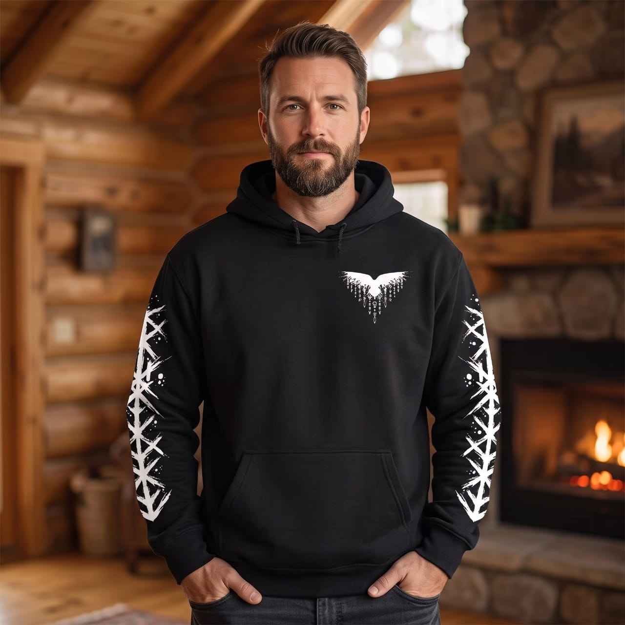 Homme portant le Sweat à Capuche Viking Vegvísir et Runes, coloris noir motif blanc