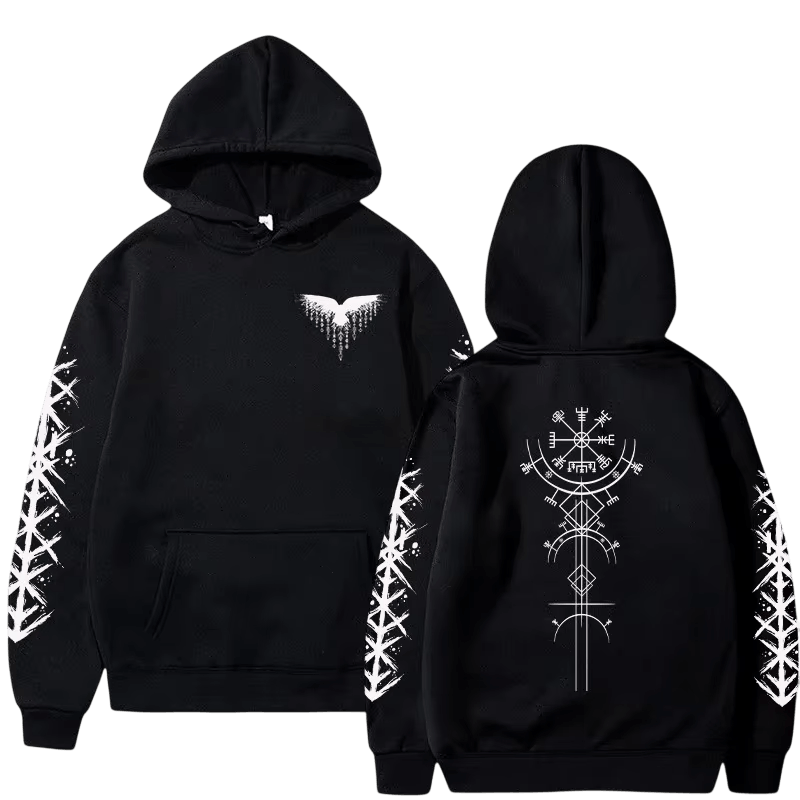 Sweat à Capuche Viking Vegvísir et Runes, coloris noir motif blanc, vu de face et de dos
